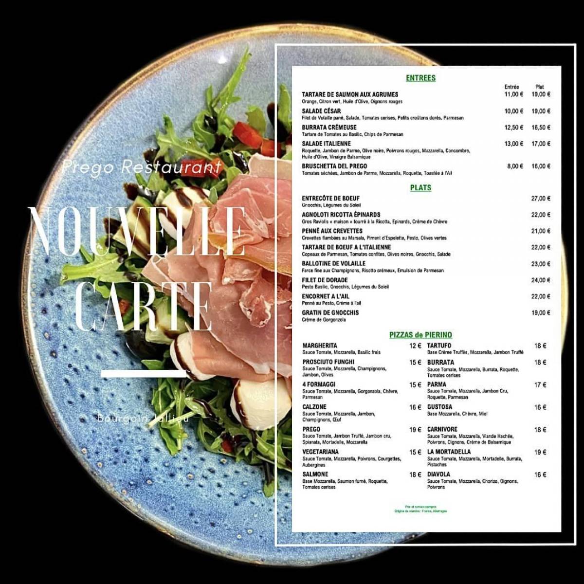 Découvrez la nouvelle carte gourmande e votre restaurant italien et festif Prego à Bourgoin-Jallieu